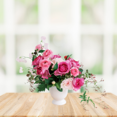 peony pink arrangement pedestal arrangement