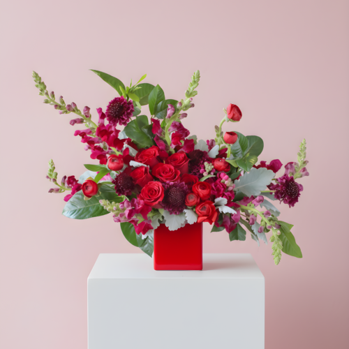 Modern Ravishing Rouge Valentine’s flowers in vase, Designer’s Choice red and pink arrangement
