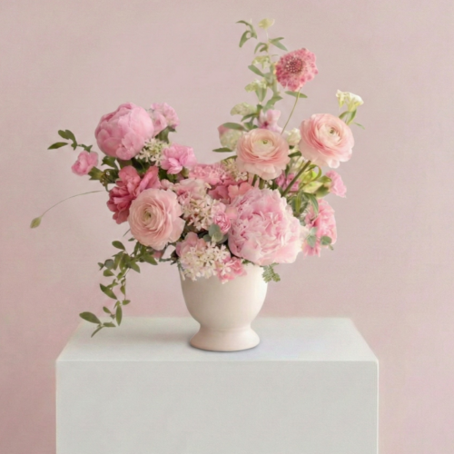 Luxury pink and blush Valentine hatbox arrangement with premium seasonal blooms, Rose Quartz Romance