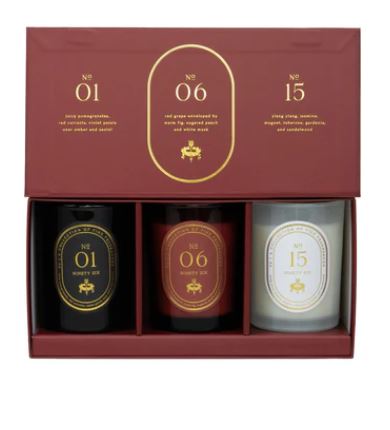 Ninety Six A Collection of Fine Fragrances closed red gift box with gold logo and text