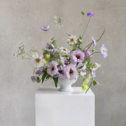 Once-and-Florall-Designs-Sapphire-Sienna-blue-white-purple-floral-arrangement-white-column-St-Augustine-florist